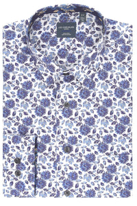 Multi Blue Floral Cotton Sport Shirt with Hidden Button Down Collar by Leo Chevalier