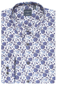 Multi Blue Floral Cotton Sport Shirt with Hidden Button Down Collar by Leo Chevalier