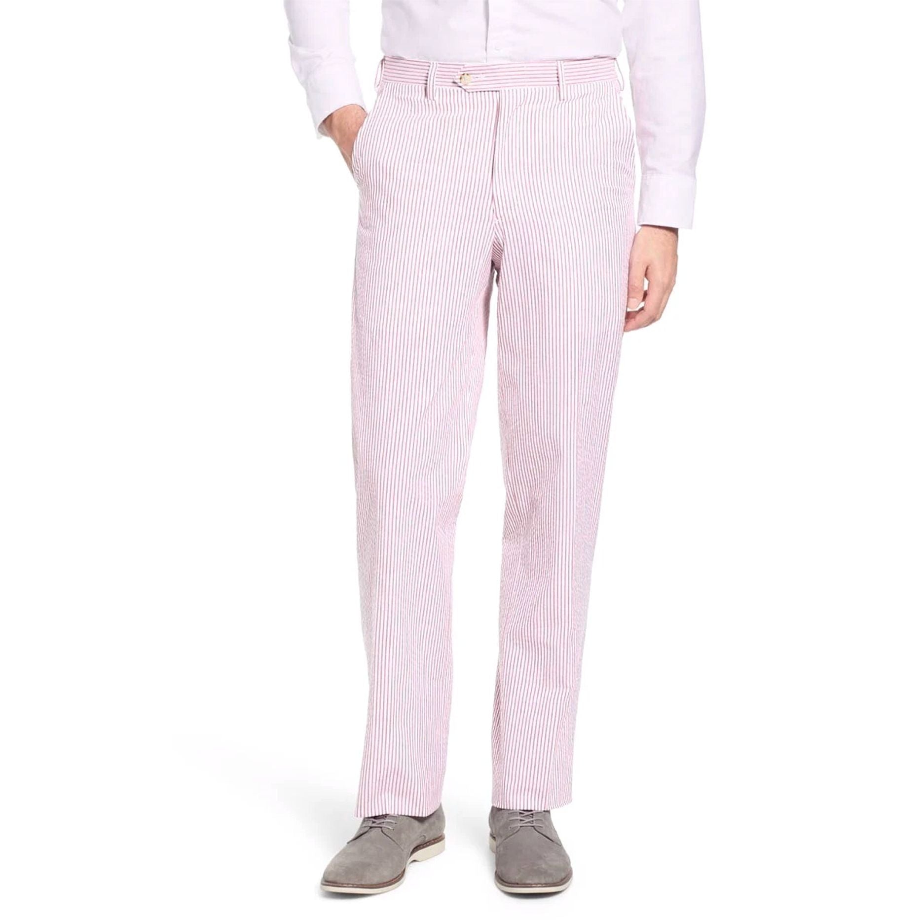 Seersucker Cotton Pant in Pink and White (Hampton Plain Front) by Berle