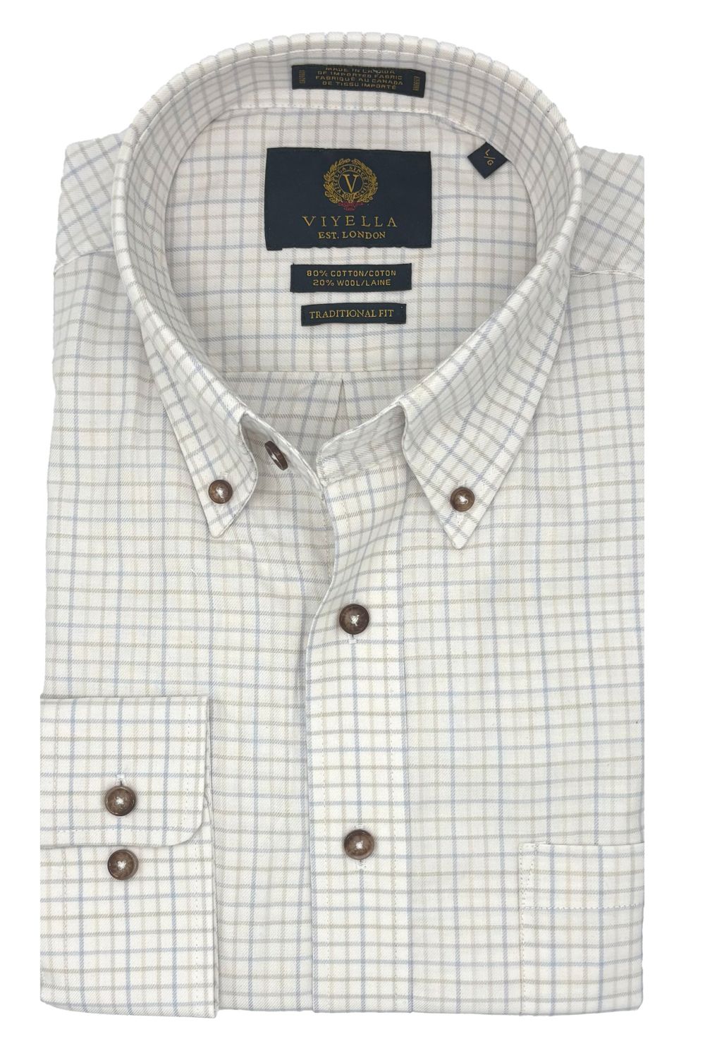 White and Faded Tattersall Cotton and Wool Blend Button-Down Shirt (Tailored Fit) by Viyella