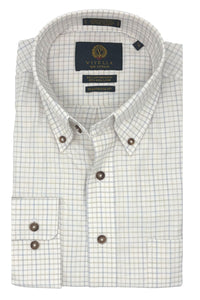 White and Faded Tattersall Cotton and Wool Blend Button-Down Shirt (Tailored Fit) by Viyella