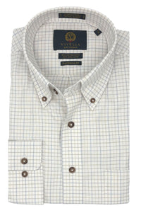 White and Faded Tattersall Cotton and Wool Blend Button-Down Shirt (Tailored Fit) by Viyella