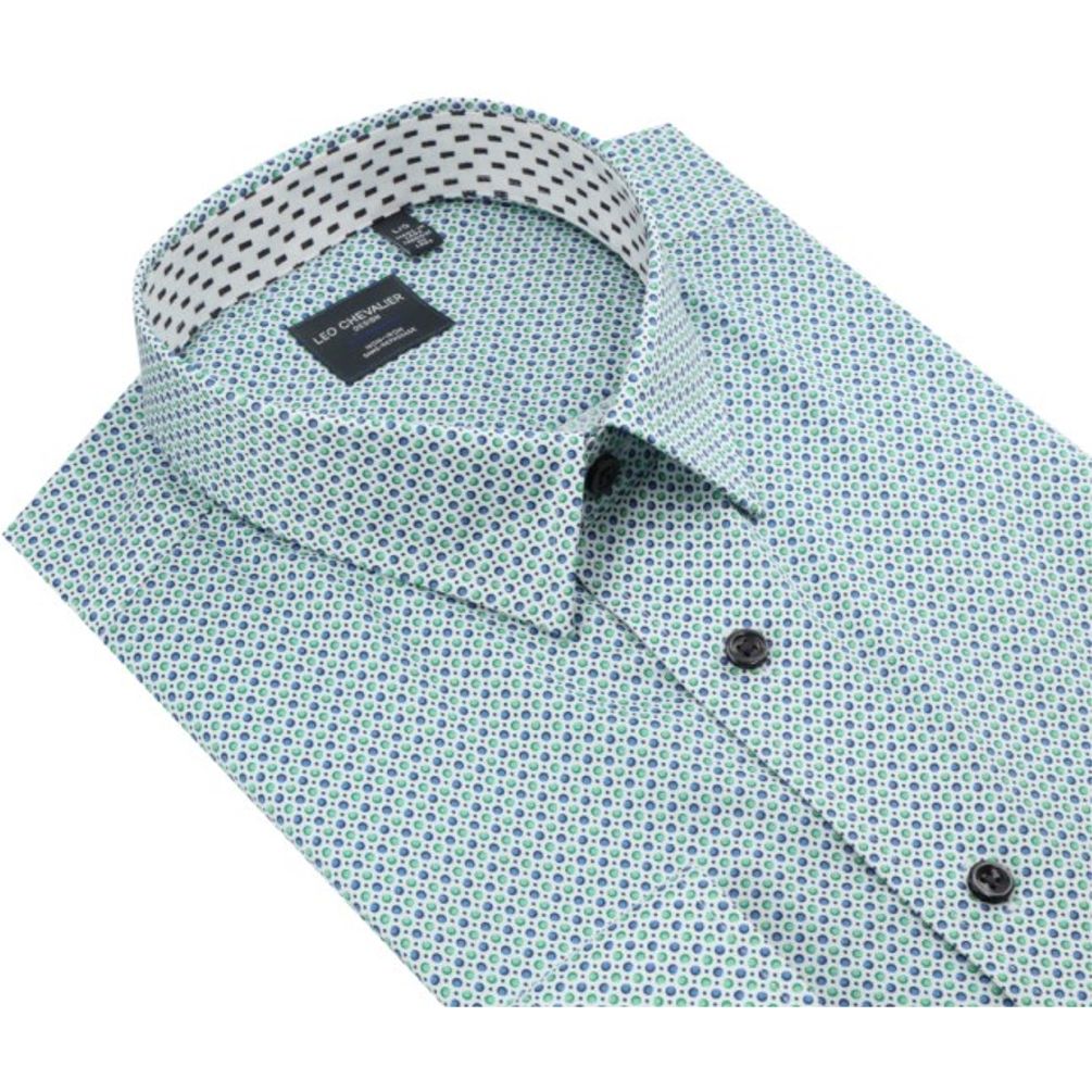 Mint and Blue Circle Print No-Iron Cotton Sport Shirt with Hidden Button Down Collar by Leo Chevalier