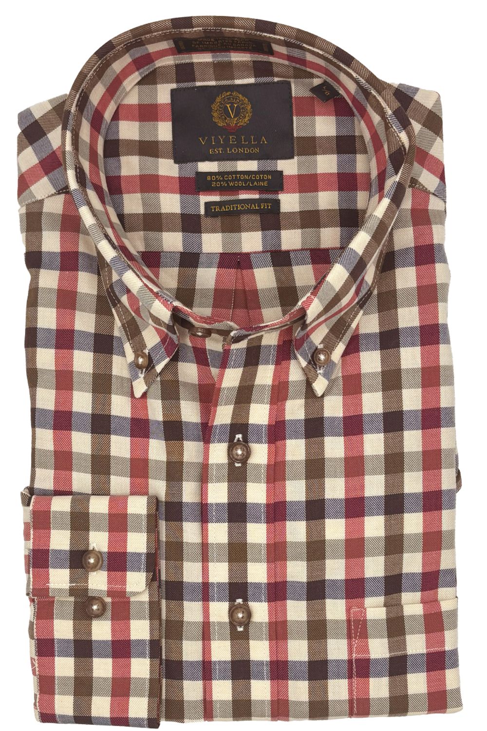 Red, Brown, Navy, and Cream Plaid Cotton and Wool Blend Button-Down Shirt by Viyella