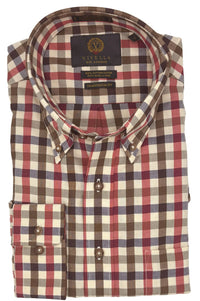 Red, Brown, Navy, and Cream Plaid Cotton and Wool Blend Button-Down Shirt by Viyella