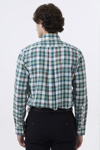 Summer Weight Green Multi Check Cotton and Wool Blend Button-Down Shirt by Viyella