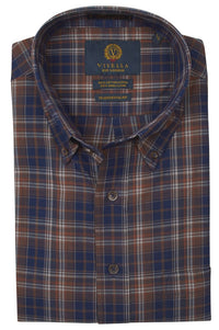Brown, Navy, and Rust Plaid Cotton and Wool Blend Button-Down Shirt by Viyella