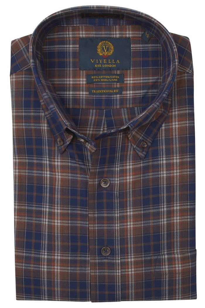 Brown, Navy, and Rust Plaid Cotton and Wool Blend Button-Down Shirt by Viyella