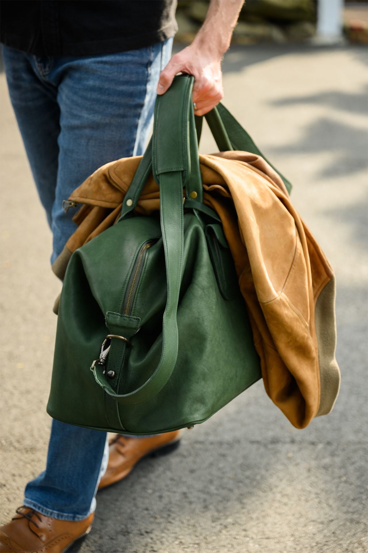 Benedict Leather Weekend Bag in Seven Hills Emerald by Moore & Giles