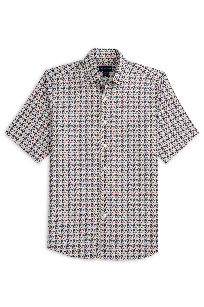 Navy Flower Print Cotton Voile Short Sleeve Sport Shirt by Scott Barber