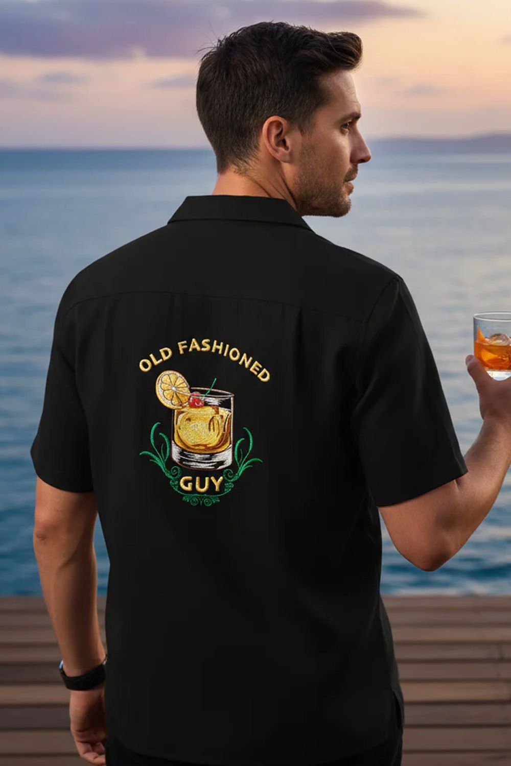 'Old Fashioned Guy' Embroidered Cocktail Short Sleeve Resort Hawaiian Shirt in Black (Size Small) by Weekender