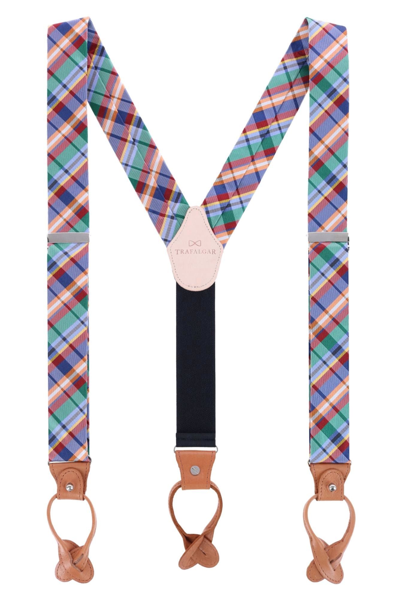 Green Multi Plaid Silk Formal Button End Braces by Trafalgar
