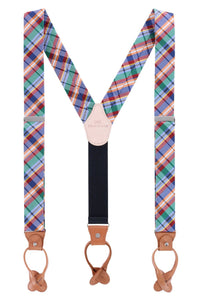 Green Multi Plaid Silk Formal Button End Braces by Trafalgar
