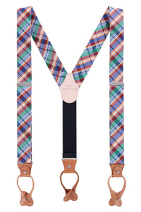 Green Multi Plaid Silk Formal Button End Braces by Trafalgar