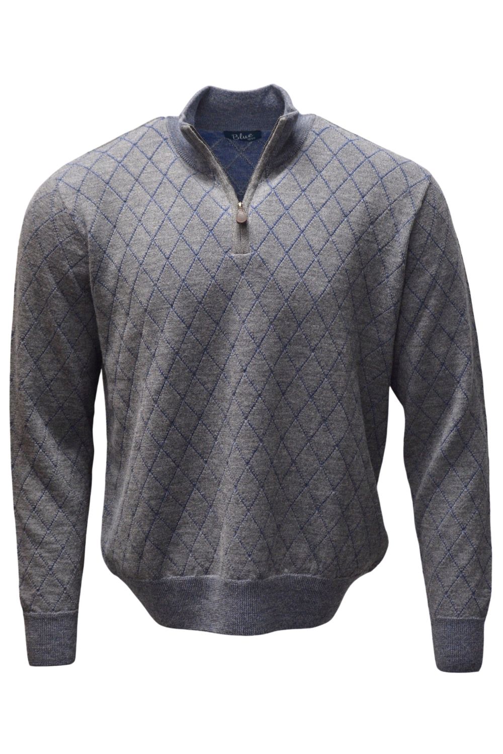 Baby Alpaca Diamond Raker Quarter-Zip Sweater in Derby Grey/Admiral Blue by Blue 1899