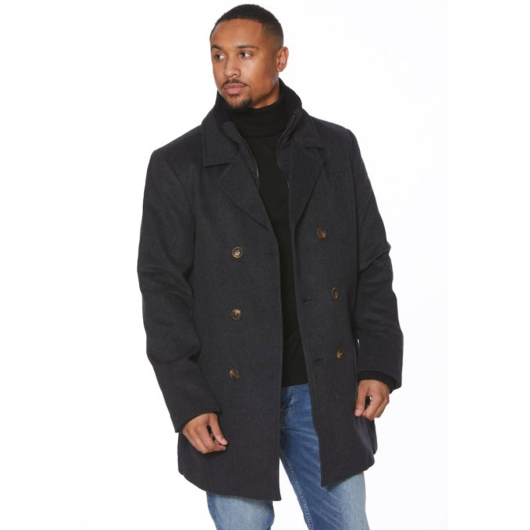 Wool and Cashmere Blend Double Breasted Button Coat with Zip-Out Wind  Blocker in Charcoal by Viyella