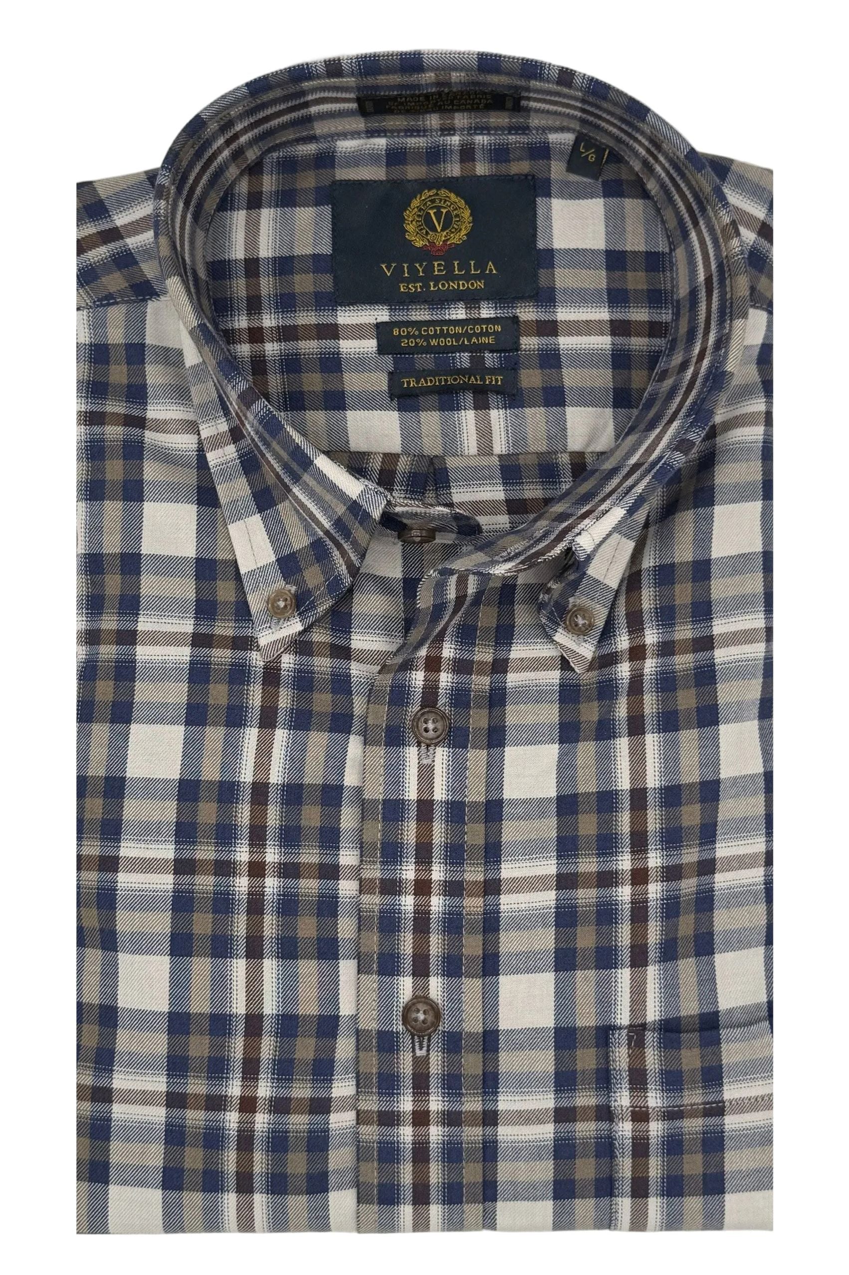 Navy, Taupe, and Brown Plaid Cotton and Wool Blend Button-Down Shirt by Viyella