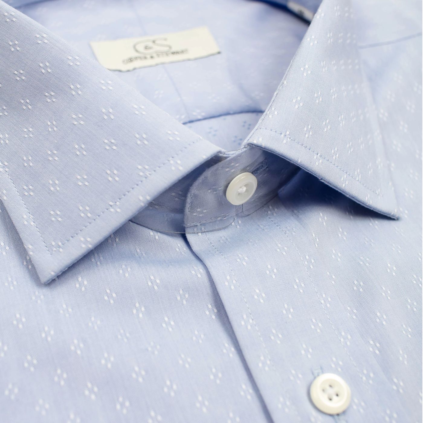 Blue with White Ditsy Neat Wrinkle-Free Cotton Dress Shirt with Spread Collar by Cooper & Stewart