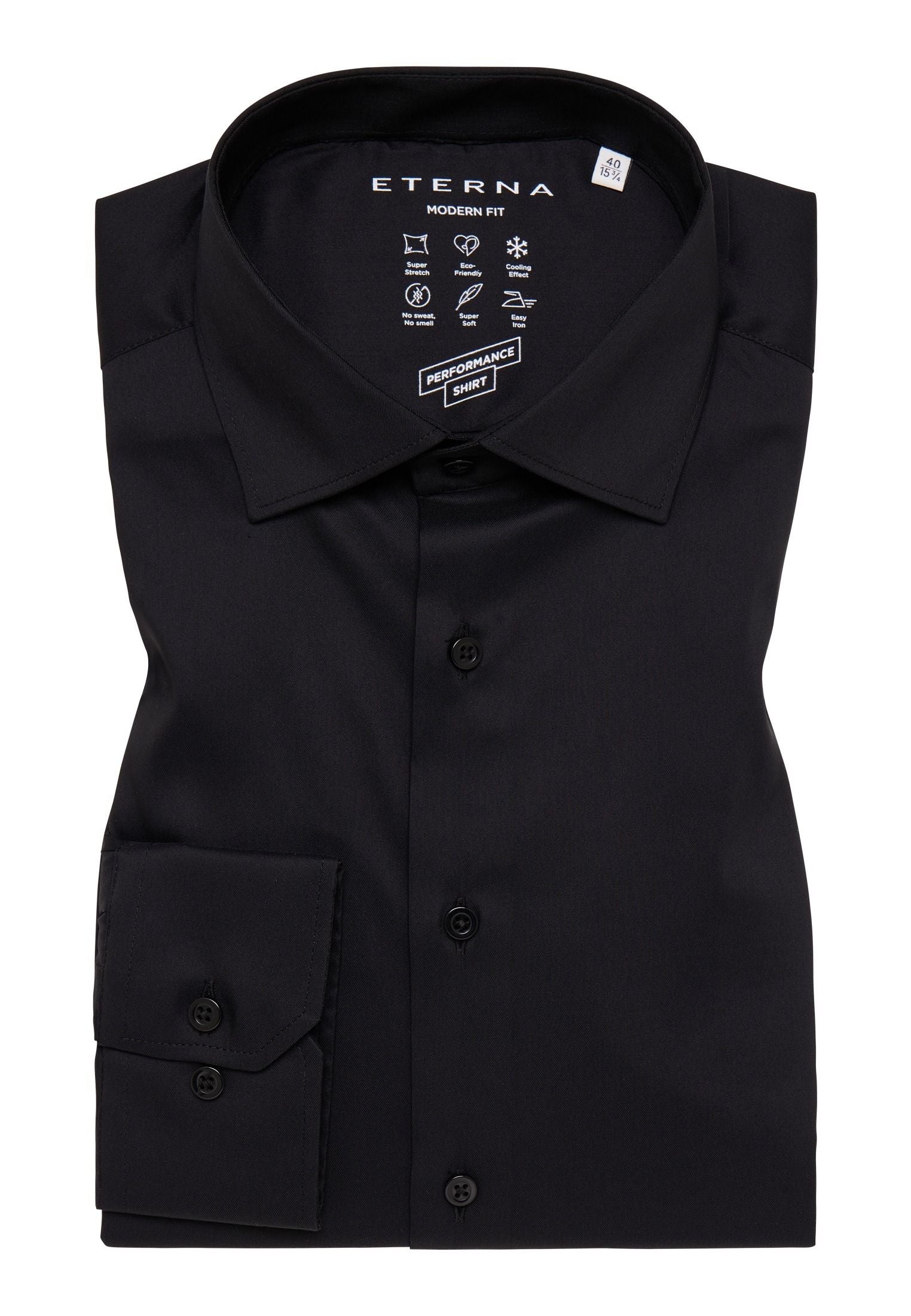 'Performance Shirt' in Black - Modern Fit Dress Shirt with Kent Collar by Eterna 1863