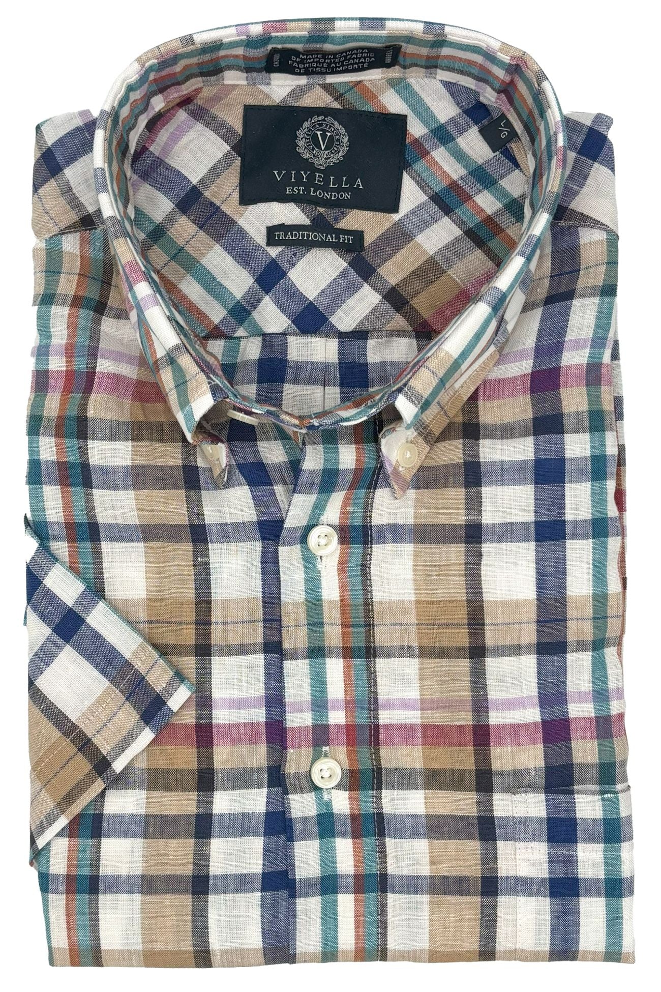 Tan Multi Plaid Linen Short Sleeve Sport Shirt by Viyella