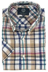 Tan Multi Plaid Linen Short Sleeve Sport Shirt by Viyella