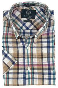 Tan Multi Plaid Linen Short Sleeve Sport Shirt by Viyella