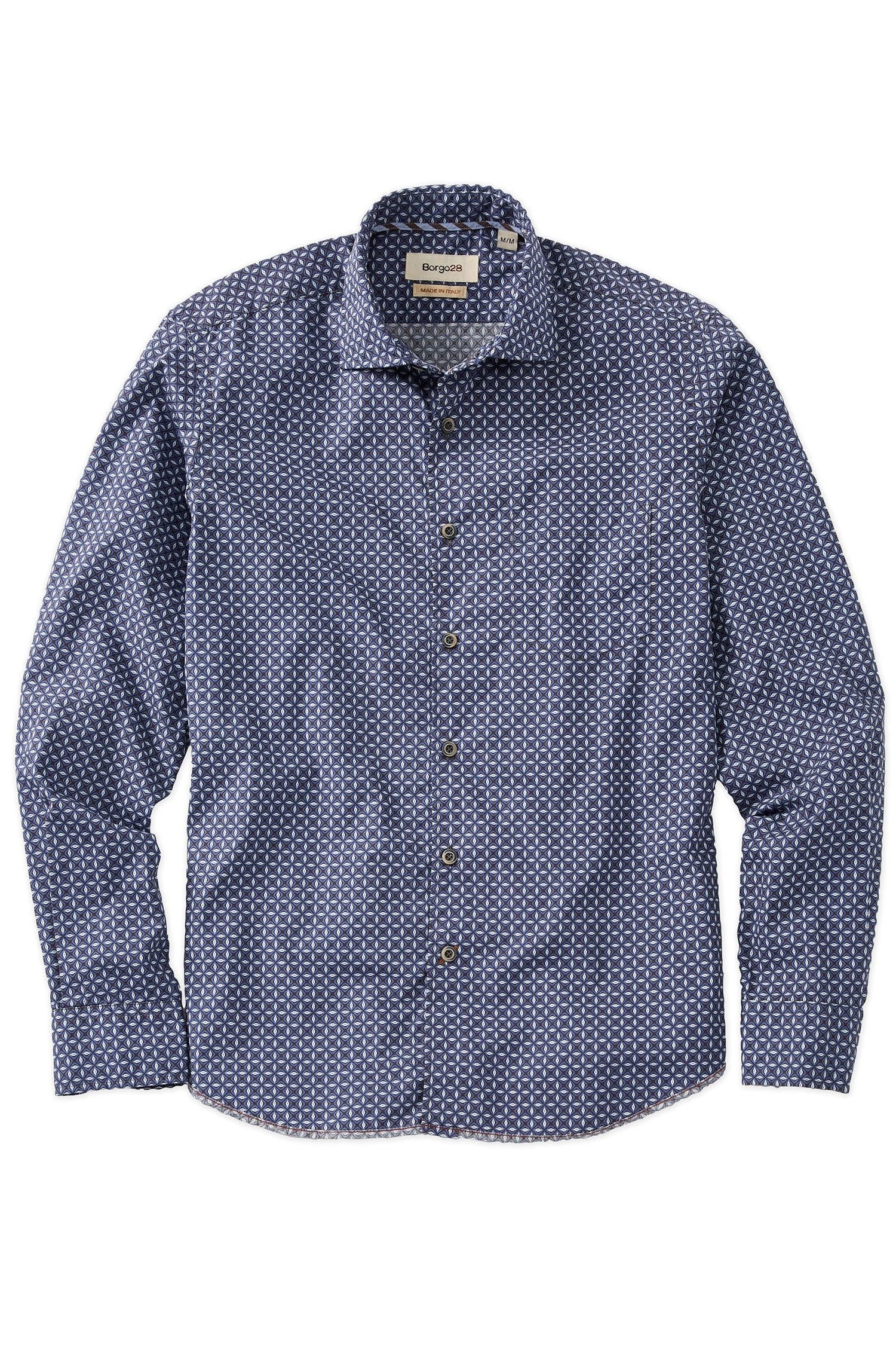 Italian Micro Box Print Long-Sleeve Twill Sport Shirt in Mid Blue and Brown by Borgo28