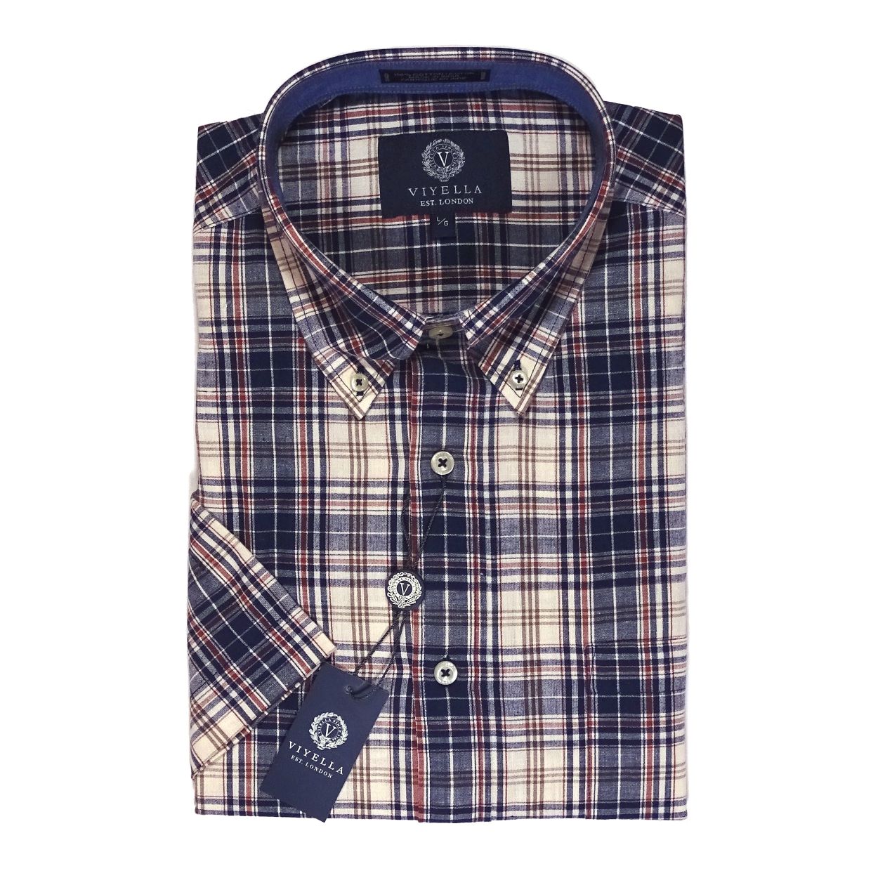 Cotton Madras Short Sleeve Cotton Sport Shirt in Navy and Latte Plaid (Size Large) by Viyella