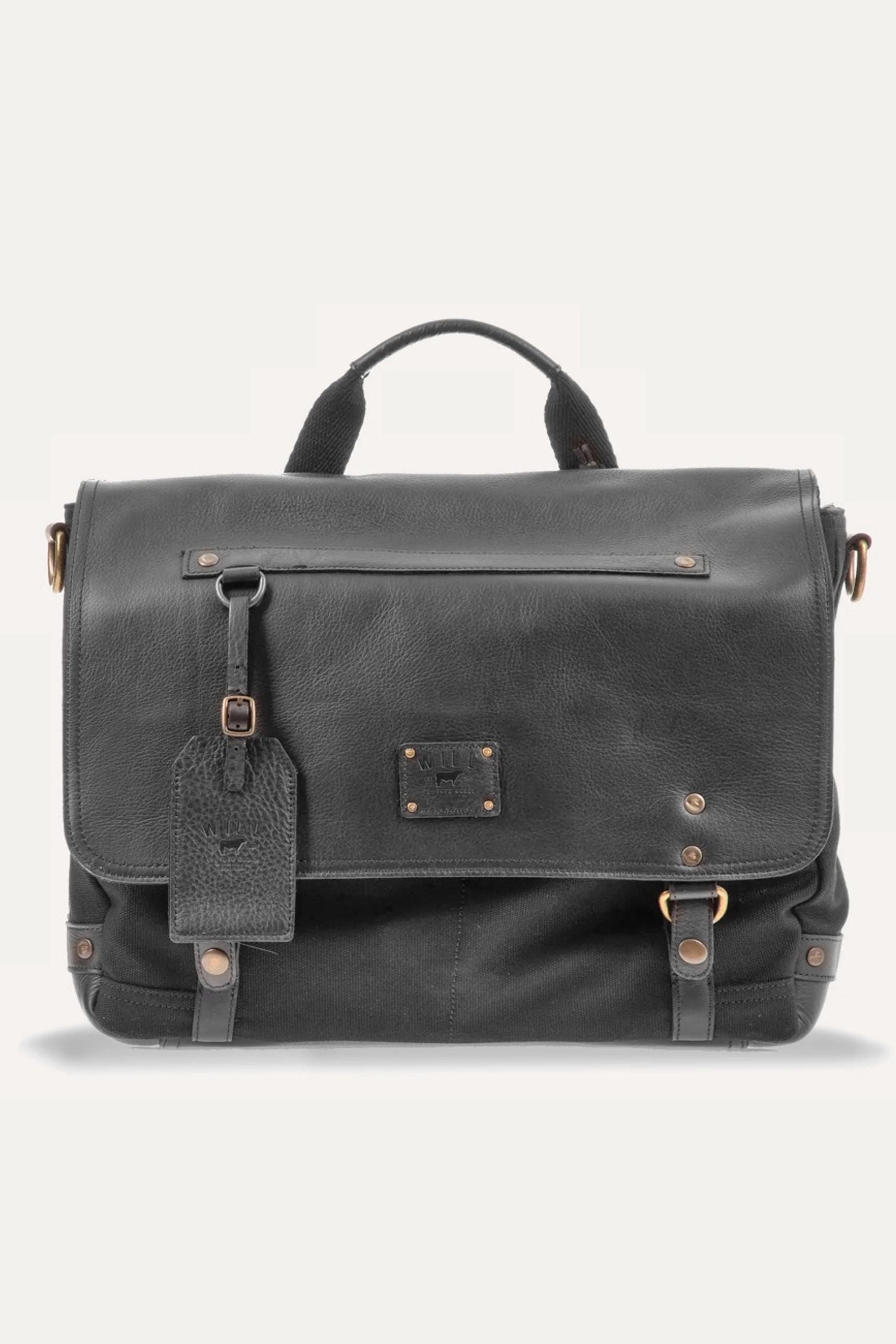 Wallace Canvas and Leather Messenger Bag in Black with Black Leather by Will Leather Goods