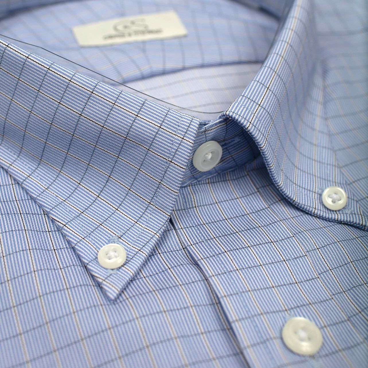 Blue Small Check Stretch Cotton Wrinkle-Free Dress Shirt with Button-Down Collar by Cooper & Stewart