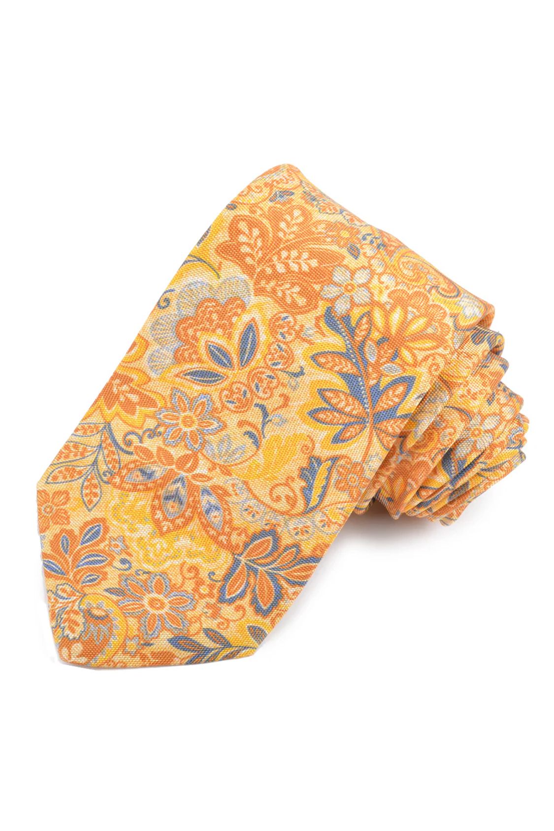 Yellow, Gold, and French Blue Floral Teardrop Silk Printed Panama Tie by Dion Neckwear