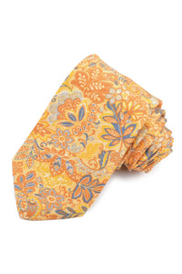 Yellow, Gold, and French Blue Floral Teardrop Silk Printed Panama Tie by Dion Neckwear