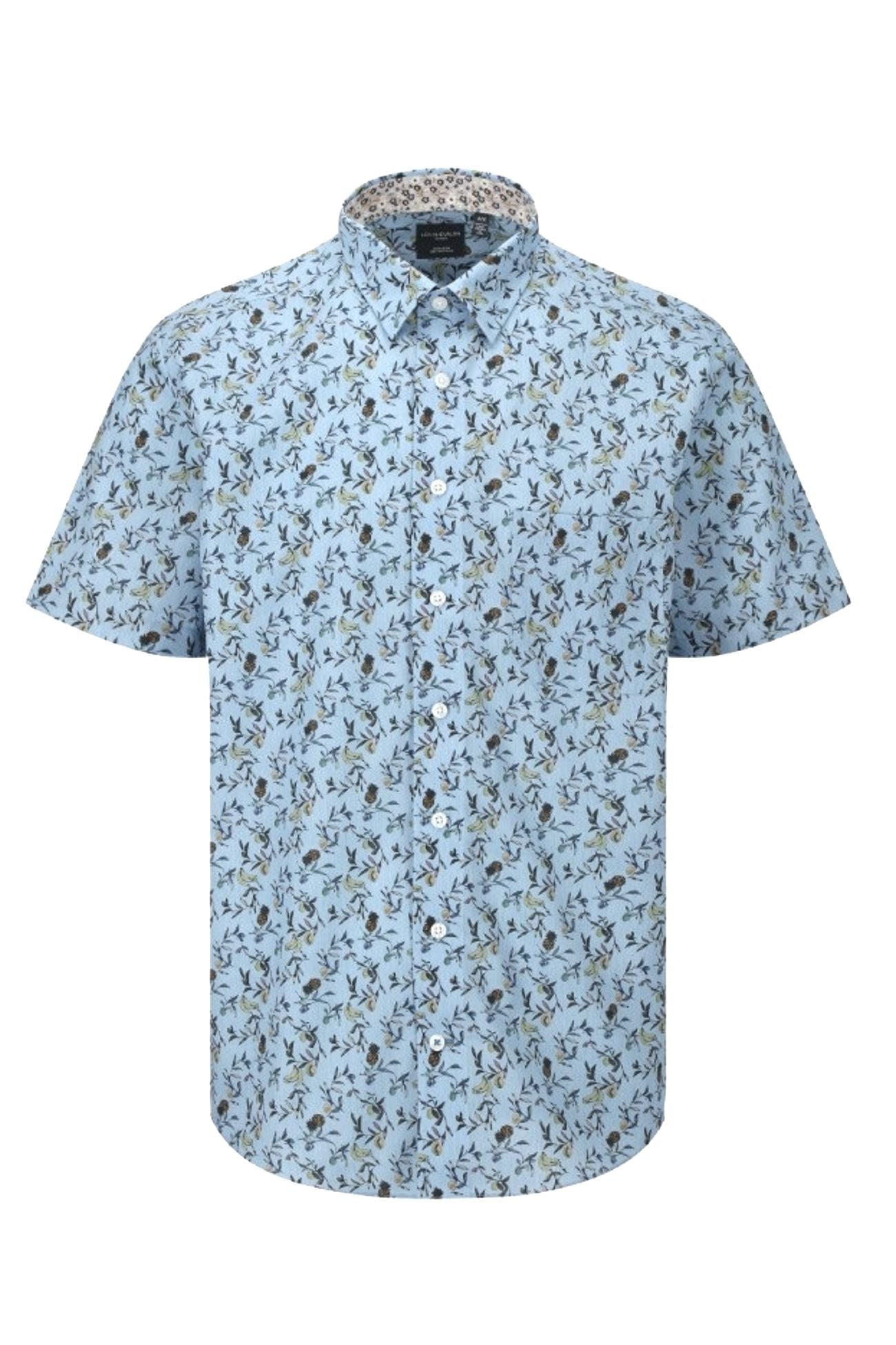 Light Blue Tropical Print Sleeve No-Iron Cotton Sport Shirt with Hidden Button Down Collar by Leo Chevalier