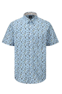 Light Blue Tropical Print Sleeve No-Iron Cotton Sport Shirt with Hidden Button Down Collar by Leo Chevalier