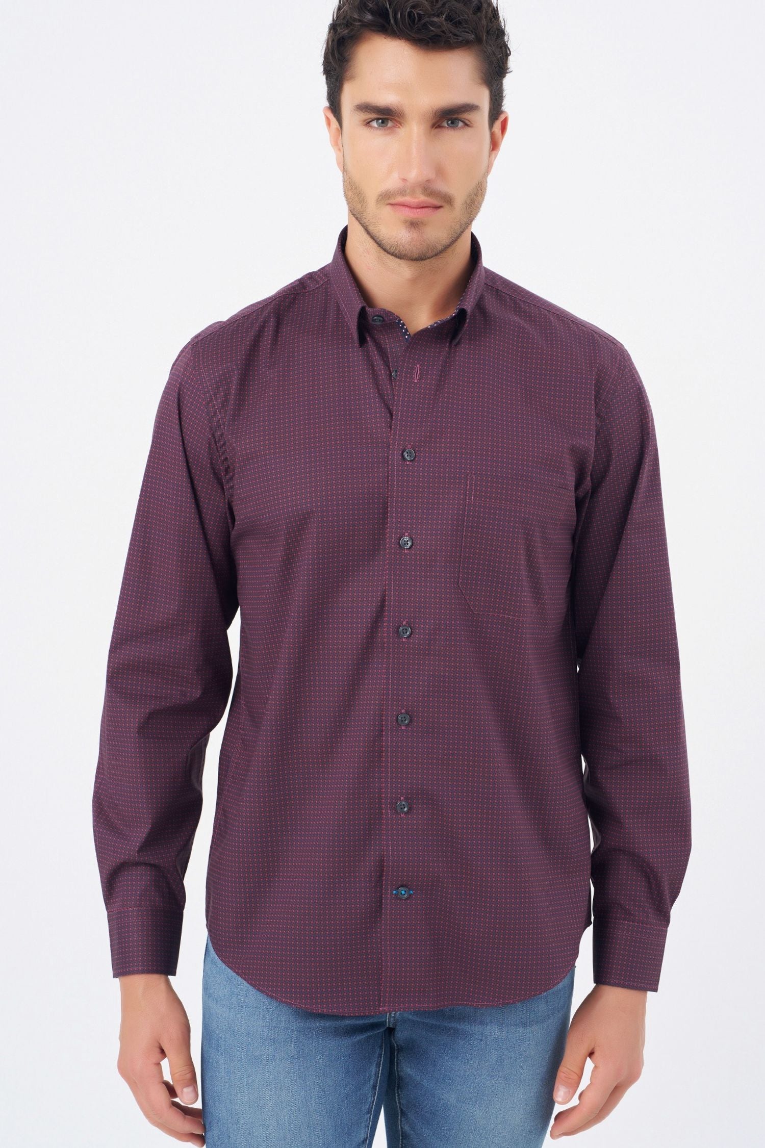 Burgundy, Black, and Wine Geometric Cotton Sport Shirt with Hidden Button Down Collar by Leo Chevalier