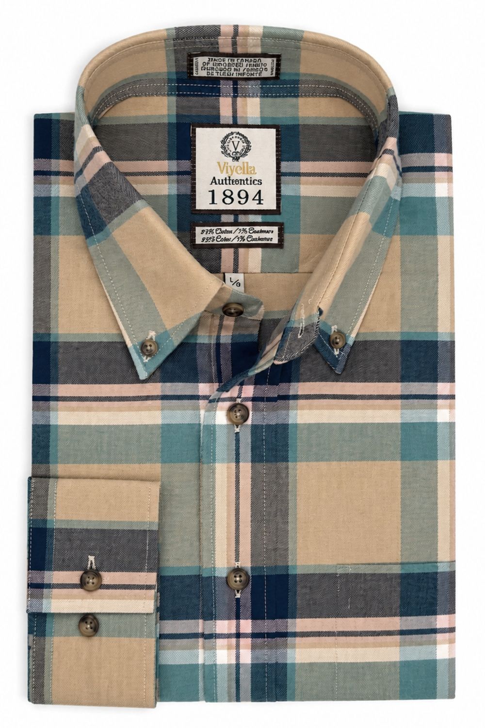 Tan, Blue, and Pink Multi Plaid Cotton and Cashmere Blend '1894 Authentics' Button-Down Shirt by Viyella