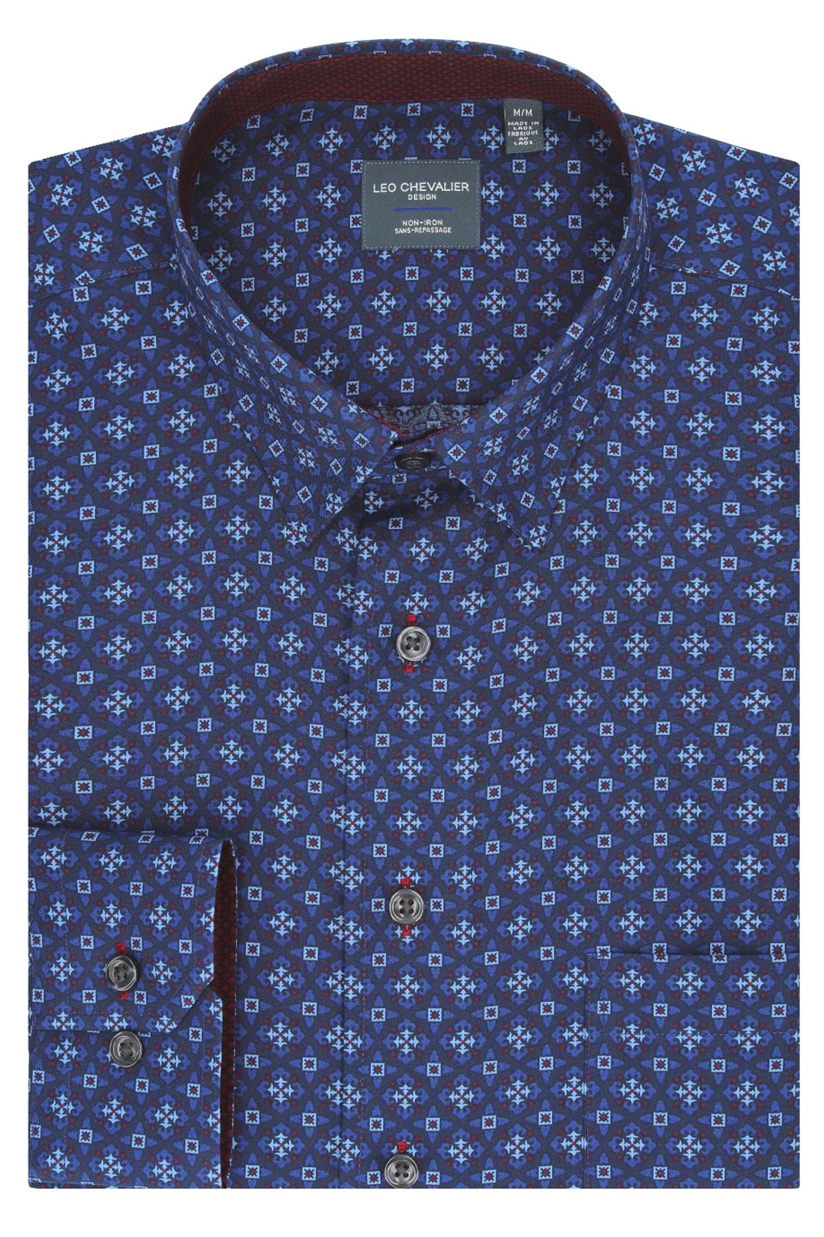 Multi Blue and Wine Geometric Cotton Sport Shirt with Hidden Button Down Collar by Leo Chevalier