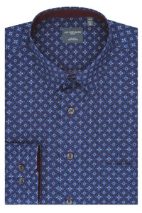 Multi Blue and Wine Geometric Cotton Sport Shirt with Hidden Button Down Collar by Leo Chevalier