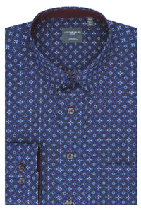 Multi Blue and Wine Geometric Cotton Sport Shirt with Hidden Button Down Collar by Leo Chevalier