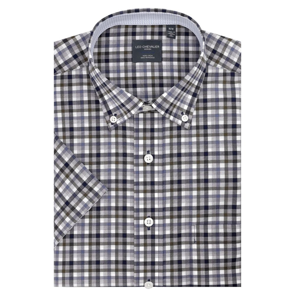 Moss, Navy, and Grey Plaid Short Sleeve No-Iron Cotton Sport Shirt with Button Down Collar by Leo Chevalier