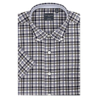 Moss, Navy, and Grey Plaid Short Sleeve No-Iron Cotton Sport Shirt with Button Down Collar (Size Large) by Leo Chevalier