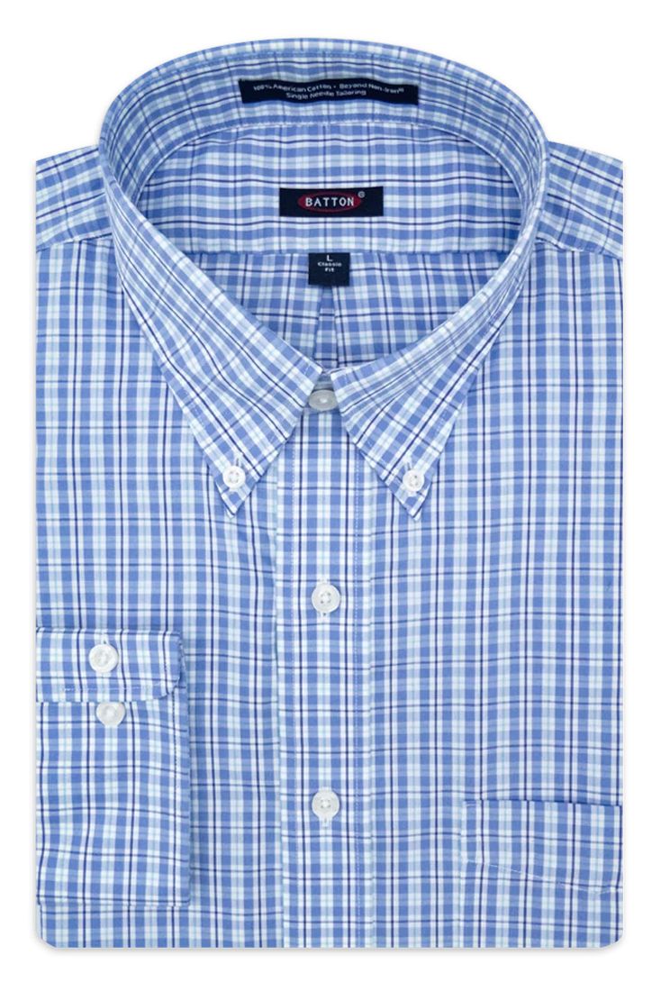 'Vincent' Multi Blue Check Long Sleeve Beyond Non-Iron® Cotton Sport Shirt (Tailored Fit) by Batton