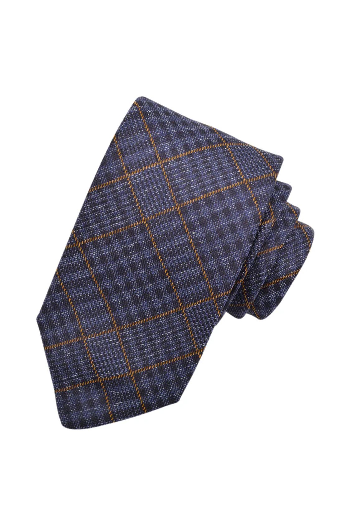 Denim Blue, Gold, and Navy Oversized Glencheck Italian Silk Woven Jacquard Tie by Dion Neckwear
