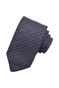 Denim Blue, Gold, and Navy Oversized Glencheck Italian Silk Woven Jacquard Tie by Dion Neckwear