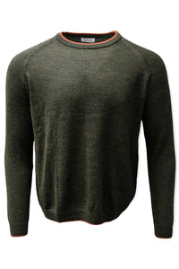 Baby Alpaca Raglan Sleeve Crew Neck Sweater with Contrast Trim in Loden/Spice by Blue 1899