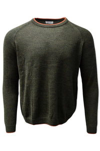Baby Alpaca Raglan Sleeve Crew Neck Sweater with Contrast Trim in Loden/Spice by Blue 1899