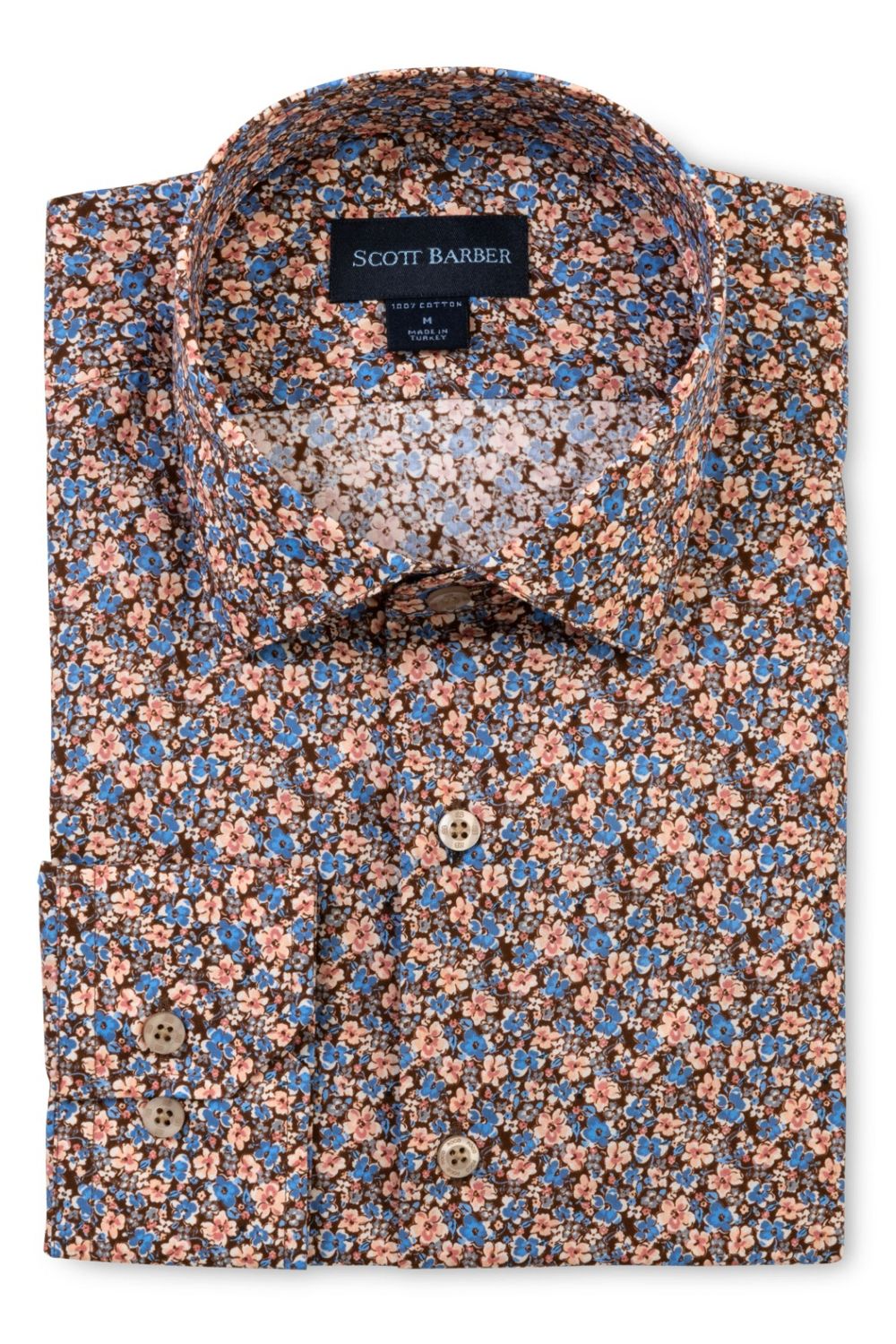 Italian Micro Floral Print Long Sleeve Sport Shirt in Blue, Brown, and Pink by Scott Barber