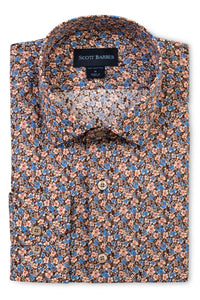 Italian Micro Floral Print Long Sleeve Sport Shirt in Blue, Brown, and Pink by Scott Barber