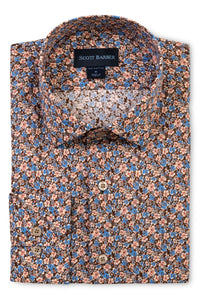 Italian Micro Floral Print Long Sleeve Sport Shirt in Blue, Brown, and Pink by Scott Barber