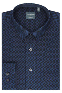 Navy and Blue Geometric Cotton Sport Shirt with Hidden Button Down Collar by Leo Chevalier